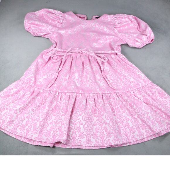 Forever 21 Women’s Pink Puff Sleeve Jacquard Mini Dress Fit & Flare Bow Waist M - Picture 1 of 9
